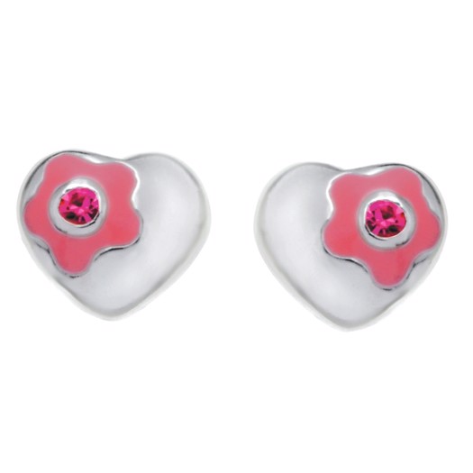Billede af Sølv øreringe med hjerter, blomster og lyserød zirkonia**